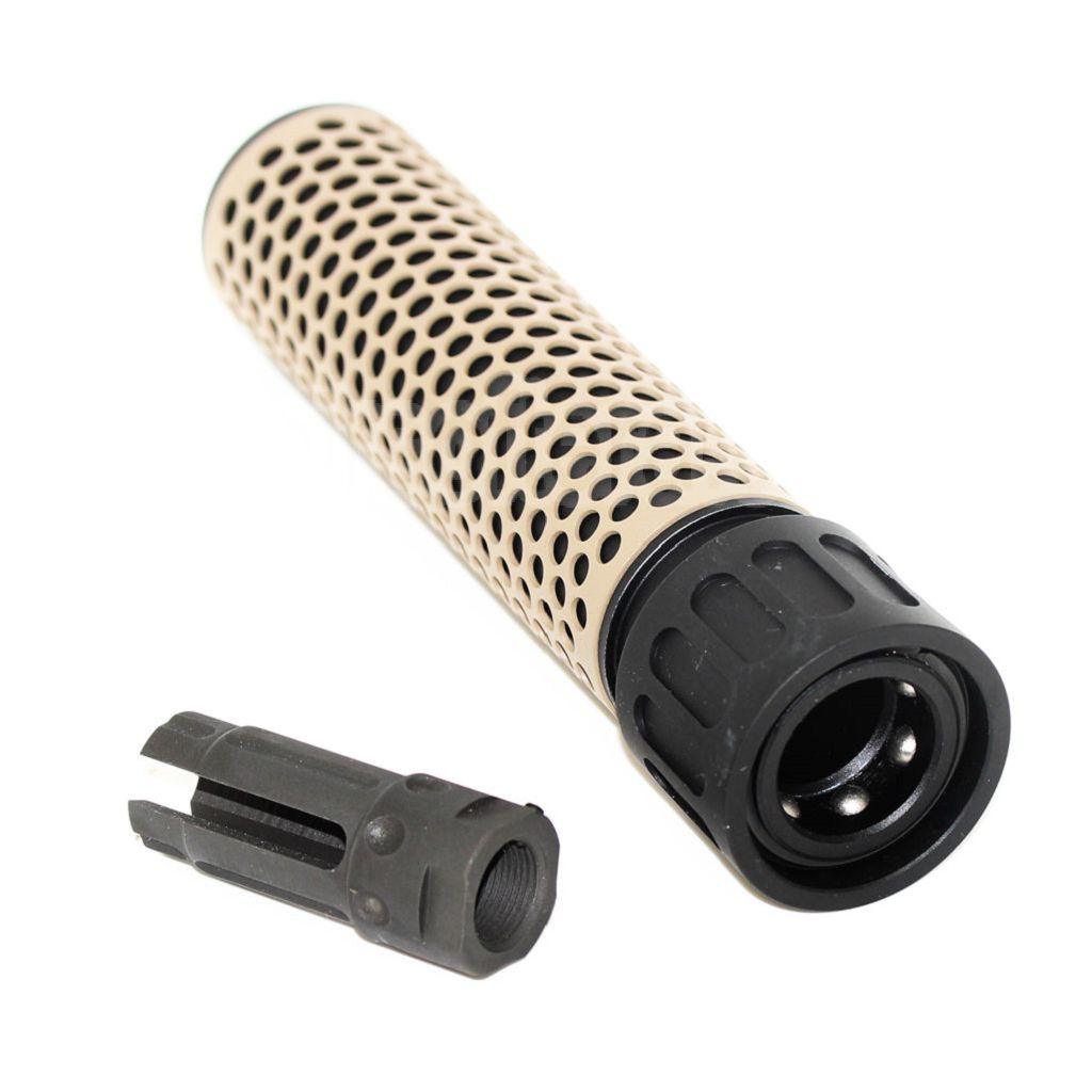 AirsoftEra 179mm 7 Pouces 5.56 Style QDC Silencieux avec Frein de Bouche Convient pour -14mm CCW sens antihoraire Canon Fusil Airsoft Tan/Noir