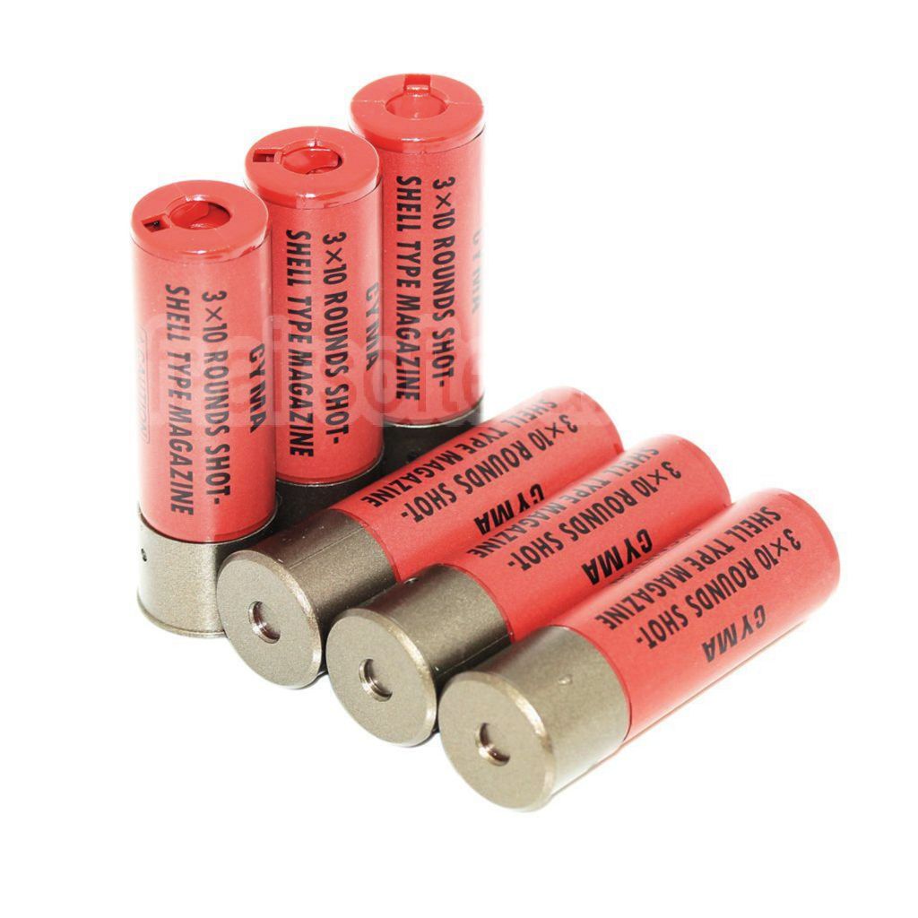 CYMA 6pièces (30 Billes each) Plastique Chasse Cartouche Chargeur avec 4-Cartouche Collecteur Sac Métal Carrier Convient pour CYMA Tokyo Marui M870 Shotgun Airsoft