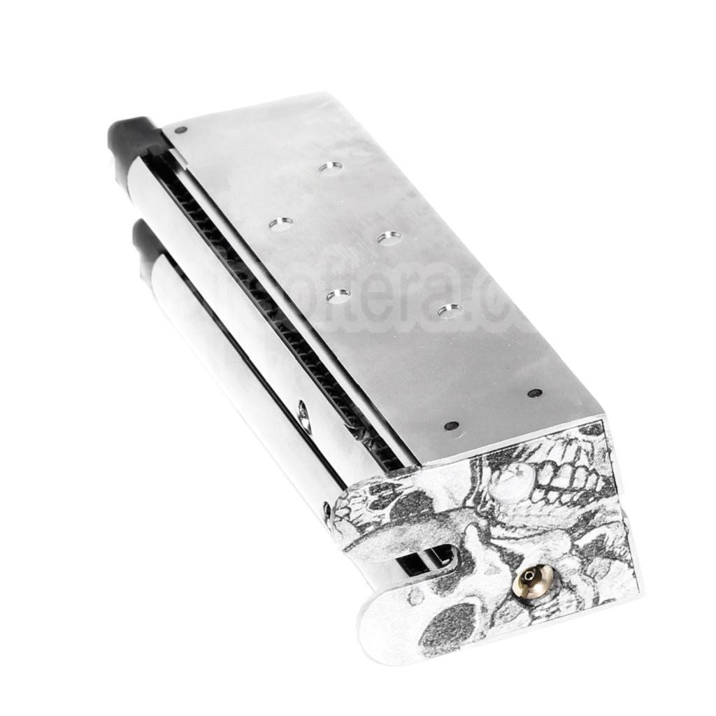 Armorer Works AW 32 Billes Double Canon Gaz Chargeur Convient pour AW MX Série / WE Double Canon 1911 Série GBB Pistolet Airsoft Argent (Skull Cam Plaque Base)