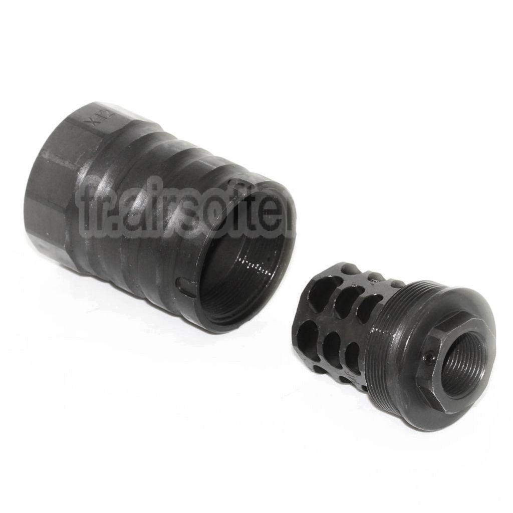 5KU 53mm 360 X12 Frein de Bouche Cache-Flamme avec Blast Shield Convient pour -14mm CCW sens antihoraire Canon Fusil Airsoft Noir