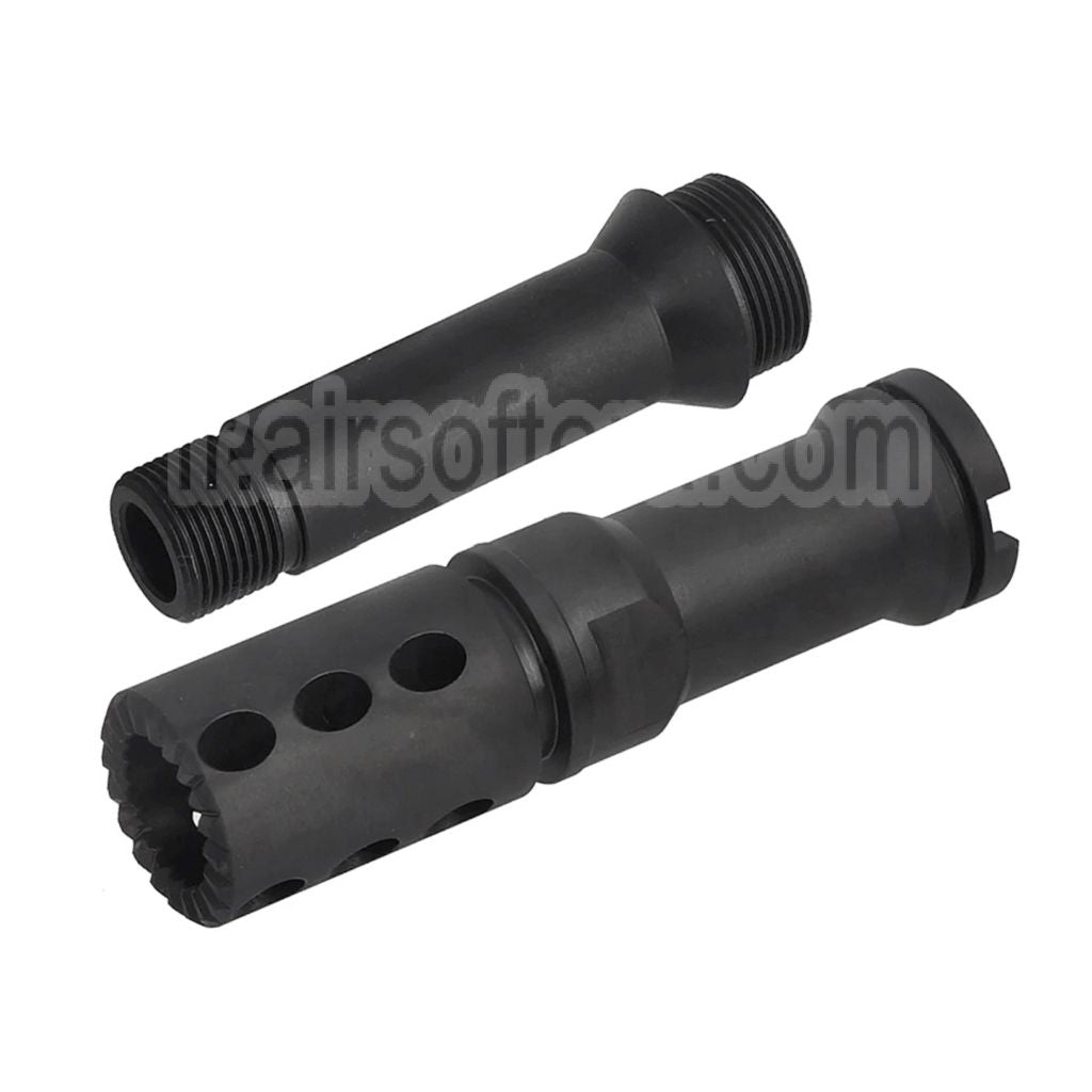 BBT CNC Acier Frein de Bouche avec Canon Extérieur Extension -14mm CCW sens antihoraire Convient pour VFC FN M249 Série GBB SMG Noir